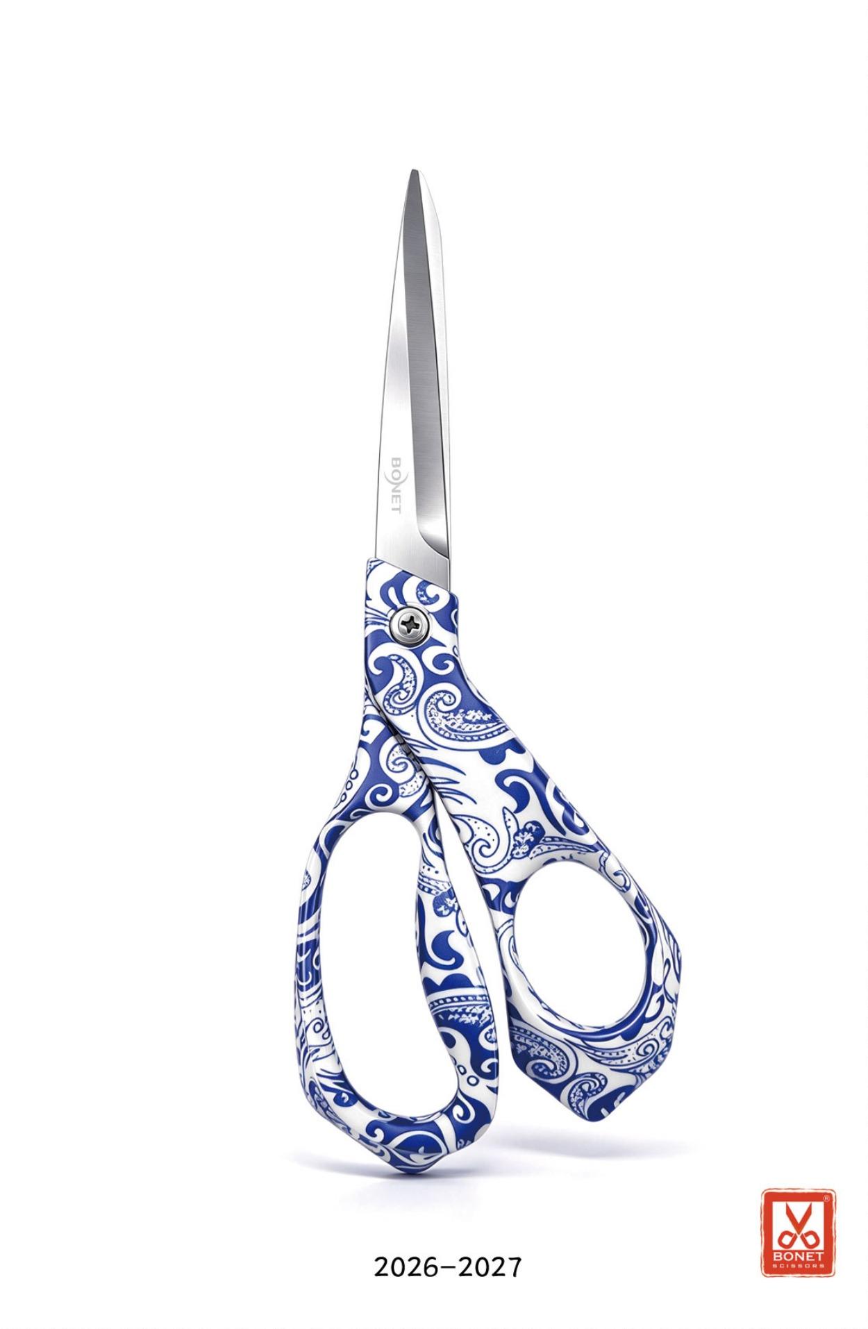 BONET Scissors 2026-2027 catalogue cover featuring blue-and-white patterned scissors